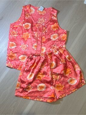 ✨ Vintage 90s Esleep Pink Floral Satin Pajama Set L